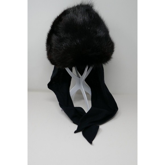 Canadian Hat Mfg Co 1980's Black Muskrat Fur Hat with Wool Scarf Ties - Picture 1 of 9